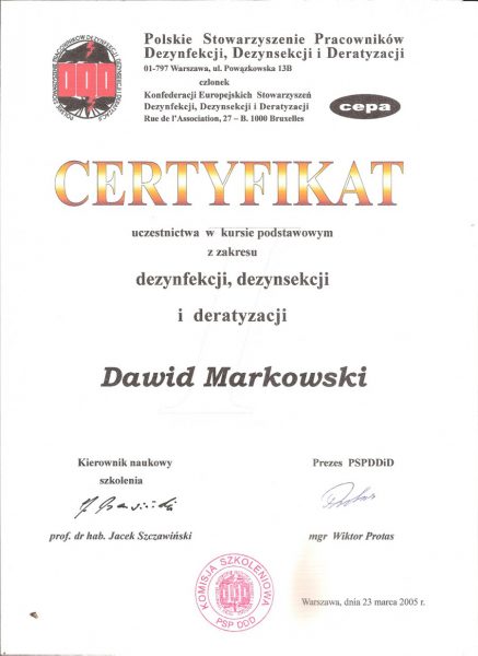 Certyfikat uczestnictwa w kursie podstawowym z zakresu dezynfekcji, dezynsekcji i deratyzacji