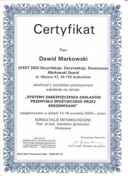 Certyfikat ze szkolenia „Systemy zabezpieczenia zakładów przemysłu spożywczego przed szkodnikami”