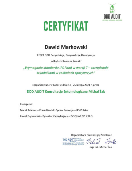 Certyfikat ukończenia szkolenia „Wymagania standardu IFS Food w wersji 7 – zarządzanie szkodnikami w zakładach spożywczych”